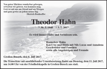 Traueranzeige von Theodor Hahn von  Gießener Anzeiger