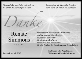 Traueranzeige von Renate Simmons von VRM Trauer