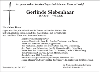 Traueranzeige von Gerlinde Siebenhaar von Trauerportal Rhein Main Presse