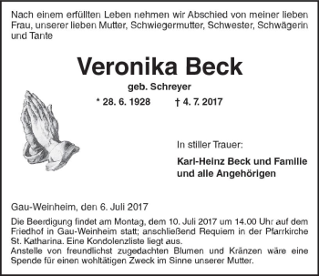 Traueranzeige von Veronika Beck von Trauerportal Rhein Main Presse