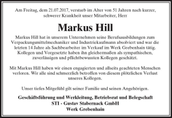Traueranzeige von Markus Hill von VRM Trauer