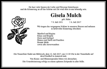 Traueranzeige von Gisela Mulch von  Gießener Anzeiger
