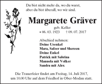 Traueranzeige von Margarete Gräver von Trauerportal Echo Online