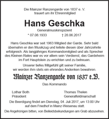 Traueranzeige von Hans Geschka von Trauerportal Rhein Main Presse