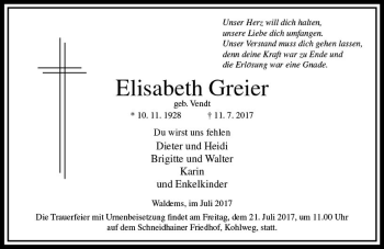 Traueranzeige von Elisabeth Greier von Trauerportal Rhein Main Presse
