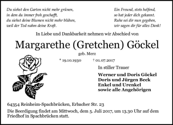 Traueranzeige von Margarethe Göckel von Trauerportal Echo Online