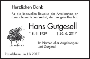 Traueranzeige von Hans Gutgesell von Trauerportal Rhein Main Presse