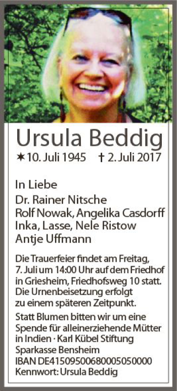 Traueranzeige von Ursula Beddig von Trauerportal Echo Online