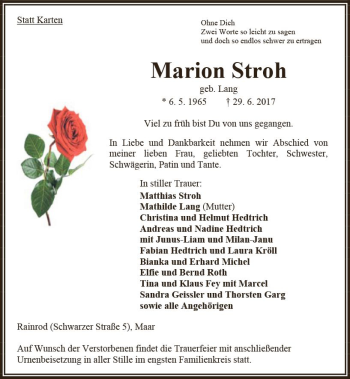 Traueranzeige von Marion Stroh von VRM Trauer