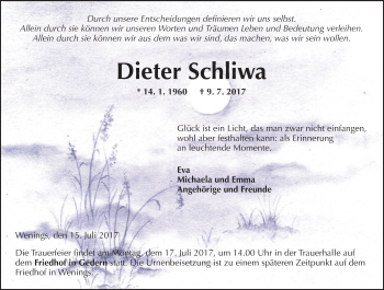 Traueranzeige von Dieter Schliwa von Trauerportal Rhein Main Presse