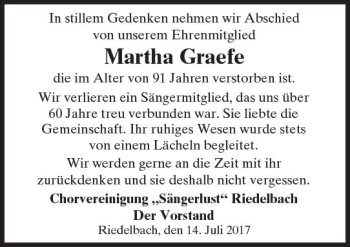 Traueranzeige von Martha Graefe von  Usinger Anzeiger