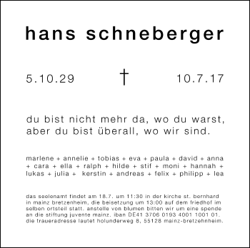 Traueranzeige von Hans Schneberger von Trauerportal Rhein Main Presse