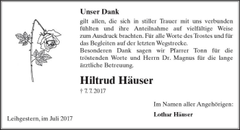 Traueranzeige von Hiltrud Häuser von  Gießener Anzeiger