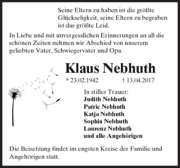 Traueranzeige von Klaus Nebhuth von Trauerportal Rhein Main Presse