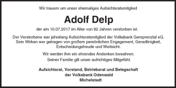 Traueranzeige von Adolf Delp von Trauerportal Echo Online