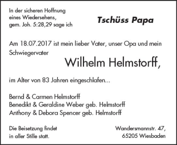 Traueranzeige von Wilhelm Helmstorff von Trauerportal Rhein Main Presse