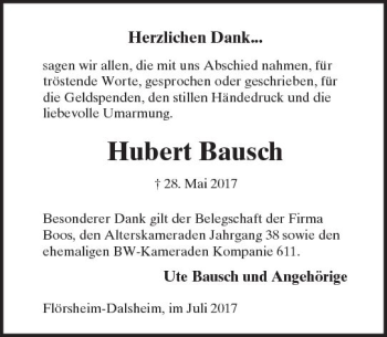 Traueranzeige von Hubert Bausch von Trauerportal Rhein Main Presse