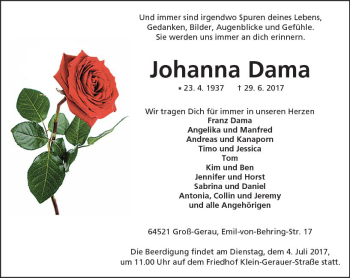 Traueranzeige von Johanna Dama von Trauerportal Echo Online