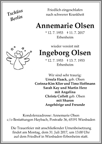 Traueranzeige von Annemarie Olsen von Trauerportal Rhein Main Presse