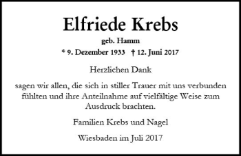 Traueranzeige von Elfriede Krebs von Trauerportal Rhein Main Presse