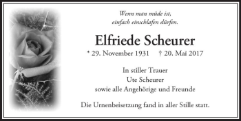 Traueranzeige von Elfriede Scheurer von  Usinger Anzeiger