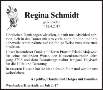 Traueranzeige von Regina Schmidt von Trauerportal Rhein Main Presse