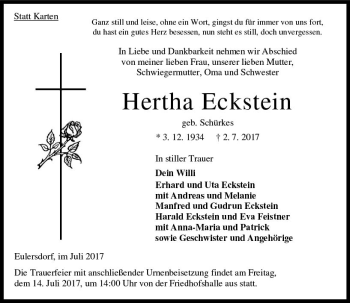 Traueranzeige von Hertha Eckstein von VRM Trauer