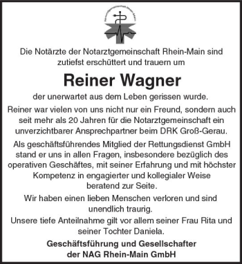 Traueranzeige von Reiner Wagner von Trauerportal Echo Online