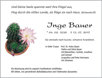 Traueranzeige von Inge Bauer von  Gießener Anzeiger