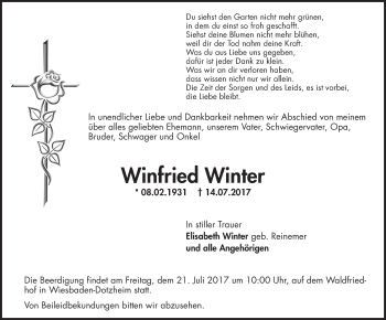 Traueranzeige von Winfried Winter von Trauerportal Rhein Main Presse
