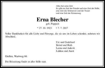 Traueranzeige von Erna Blecher von  Gießener Anzeiger