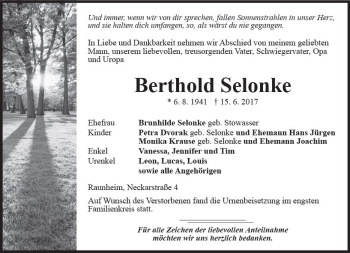 Traueranzeige von Berthold Selonke von Trauerportal Rhein Main Presse