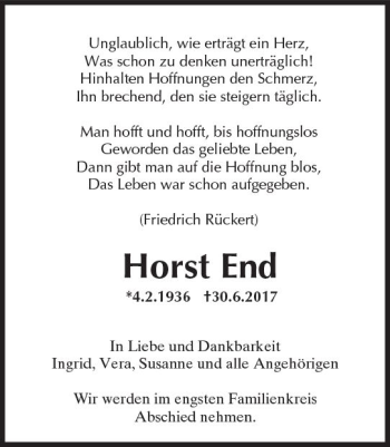 Traueranzeige von Horst End von Trauerportal Rhein Main Presse