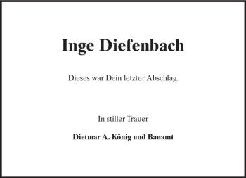 Traueranzeige von Inge Diefenbach von Trauerportal Rhein Main Presse