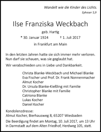 Traueranzeige von Ilse Franziska Weckbach von Trauerportal Echo Online