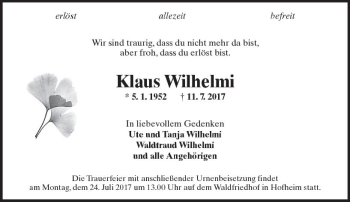 Traueranzeige von Klaus Wilhelmi von Trauerportal Rhein Main Presse