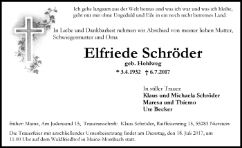 Traueranzeige von Elfriede Schröder von Trauerportal Rhein Main Presse