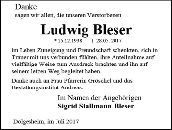 Traueranzeige von Ludwig Bleser von Trauerportal Rhein Main Presse
