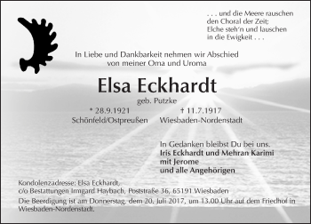 Traueranzeige von Elsa Eckhardt von Trauerportal Rhein Main Presse