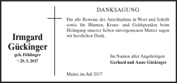 Traueranzeige von Irmgard Gückinger von Trauerportal Rhein Main Presse