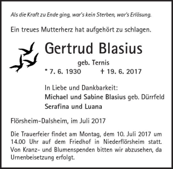 Traueranzeige von Gertrud Blasius von Trauerportal Rhein Main Presse
