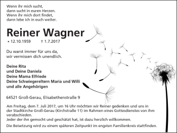 Traueranzeige von Reiner Wagner von Trauerportal Echo Online