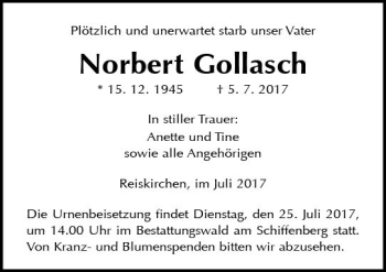 Traueranzeige von Norbert Gollasch von  Gießener Anzeiger