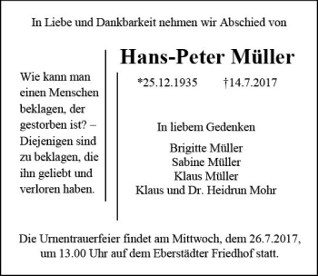 Traueranzeige von Hans-Peter Müller von Trauerportal Echo Online