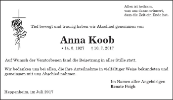 Traueranzeige von Anna Koob von Trauerportal Echo Online