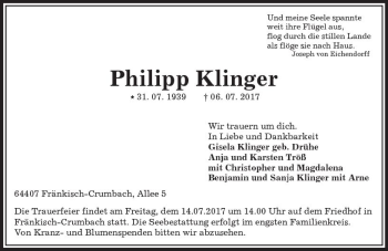 Traueranzeige von Philipp Klinger von Trauerportal Echo Online