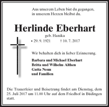 Traueranzeige von Herlinde Eberhart von  Kreisanzeiger