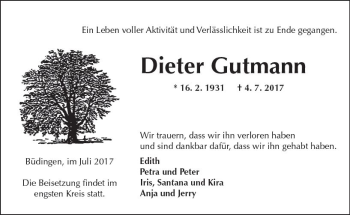 Traueranzeige von Dieter Gutmann von  Kreisanzeiger