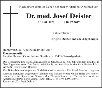 Traueranzeige von Josef Deister von Trauerportal Rhein Main Presse