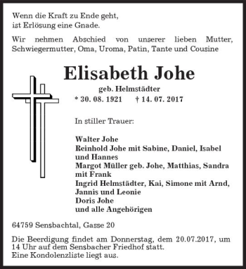 Traueranzeige von Elisabeth Johe von Trauerportal Echo Online